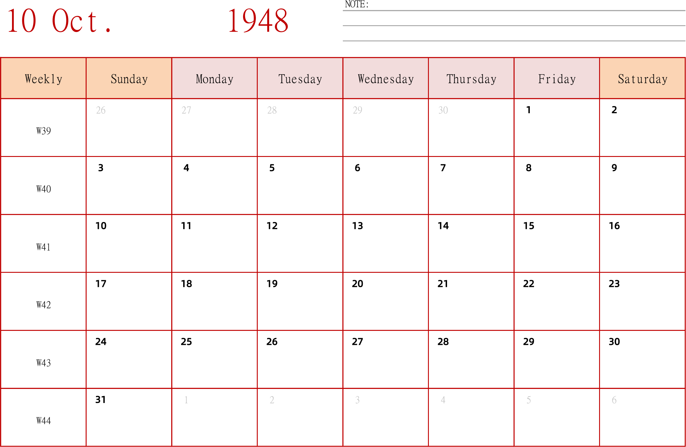 日历表1948年日历 英文版 横向排版 周日开始 带周数
